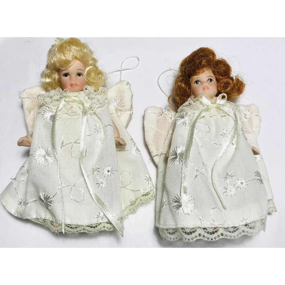 Delton Angel Ornaments 2 Child Angels Christmas White Gowns Blonde Brown Pair Sm